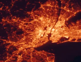 Satellite night-light map of the 50 km around Newark, with New York City, Brooklyn and Queens marked