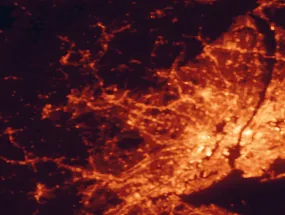 Satellite night-light map of the 50 km around Parsippany, with New York City, Brooklyn and Manhattan marked