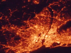 Satellite night-light map of the 50 km around Paterson, with New York City, Brooklyn and Queens marked