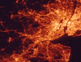 Satellite night-light map of the 50 km around Plainfield, with New York City, Brooklyn and Manhattan marked