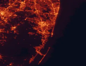 Satellite night-light map of the 50 km around Toms River, with Brick, Lakewood and Trenton marked