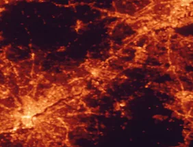 Satellite night-light map of the 50 km around Trenton, with Philadelphia, Levittown and Ewing marked