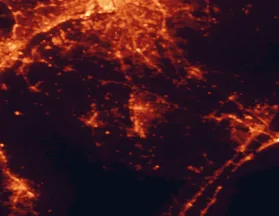 Satellite night-light map of the 50 km around Vineland, with South Vineland, Millville and Jackson marked