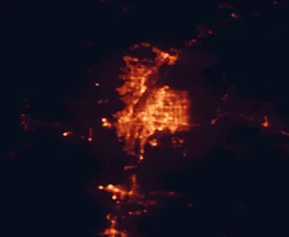 Satellite night-light map of the 50 km around Albuquerque, with Rio Rancho, Enchanted Hills and South Valley marked