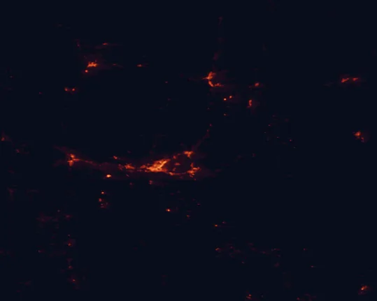 Satellite night-light map of the 100 km around Aztec Ruins National Monument, with Farmington, Durango and Shiprock marked