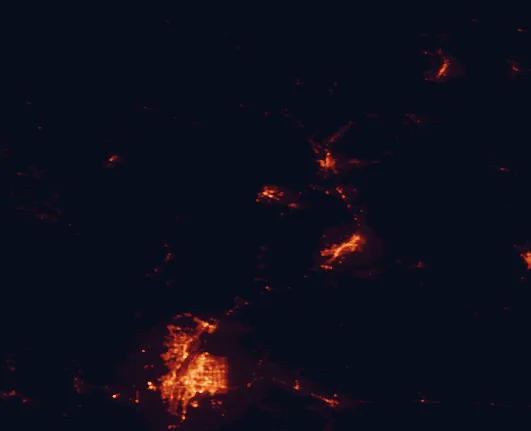 Satellite night-light map of the 100 km around Bandelier National Monument, with Albuquerque, Santa Fe and Enchanted Hills marked