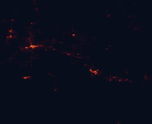 Satellite night-light map of the 100 km around Bluewater Lake State Park, with Gallup and Grants marked