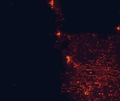 Satellite night-light map of the 100 km around Brantley Lake State Park, with Carlsbad, Roswell and Artesia marked