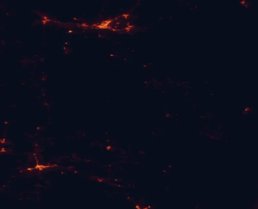 Satellite night-light map of the 100 km around Chaco Culture National Historical Park, with Farmington, Gallup and Shiprock marked