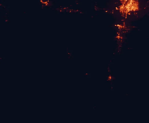 Satellite night-light map of the 100 km around Cibola National Forest, with Albuquerque, South Valley and Los Lunas marked