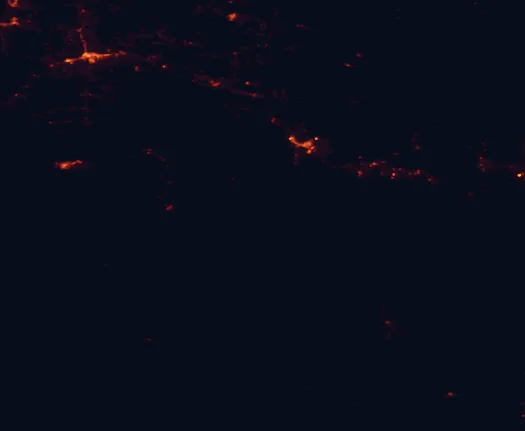 Satellite night-light map of the 100 km around El Malpais National Conservation Area, with Gallup and Grants marked