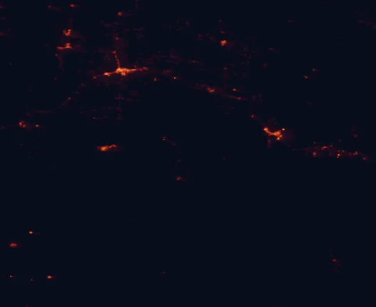 Satellite night-light map of the 100 km around El Morro National Monument, with Gallup and Grants marked