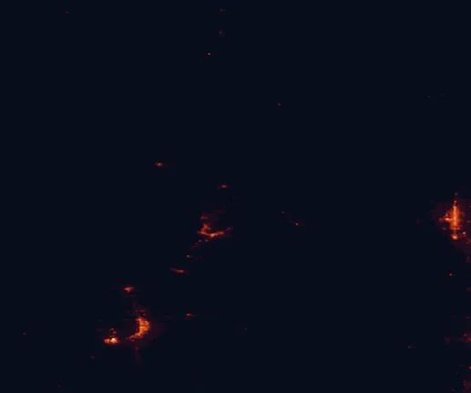 Satellite night-light map of the 100 km around Fort Stanton, with Roswell and Alamogordo marked