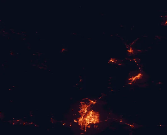 Satellite night-light map of the 100 km around Jemez National Recreation Area, with Albuquerque, Enchanted Hills and Rio Rancho marked