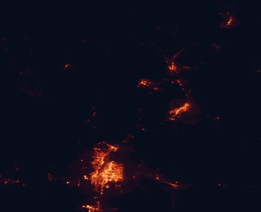 Satellite night-light map of the 100 km around Kasha-Katuwe Tent Rocks National Monument, with Albuquerque, Enchanted Hills and Santa Fe marked