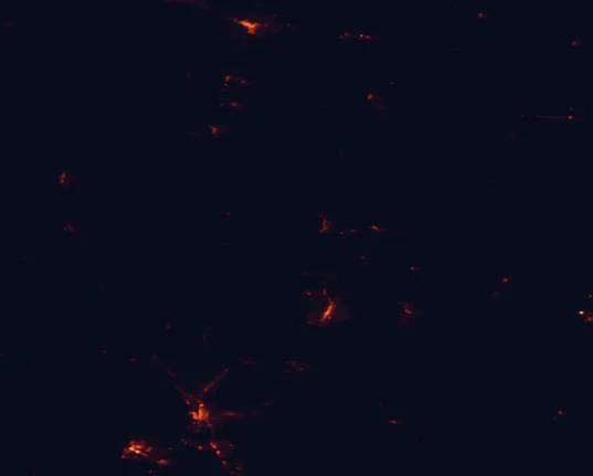 Satellite night-light map of the 100 km around Rio Grande del Norte National Monument, with Española, Los Alamos and Alamosa marked