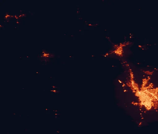 Satellite night-light map of the 100 km around Rockhound State Park, with Ciudad Juárez, El Paso and Las Cruces marked