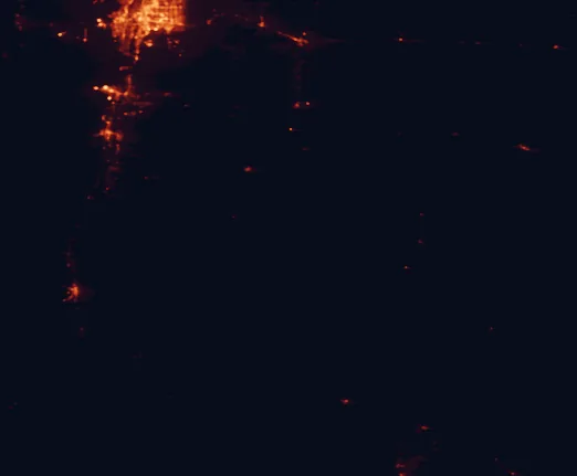 Satellite night-light map of the 100 km around Salinas Pueblo Missions National Monument, with Albuquerque, South Valley and Los Lunas marked