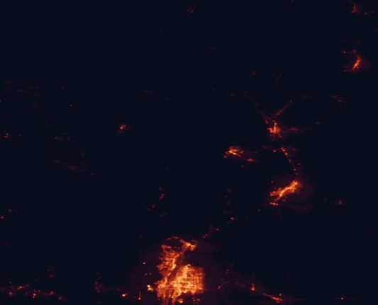 Satellite night-light map of the 100 km around Valles Caldera National Preserve, with Albuquerque, Enchanted Hills and Santa Fe marked