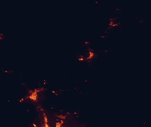 Satellite night-light map of the 100 km around White Sands National Park, with Las Cruces, Alamogordo and Chaparral marked
