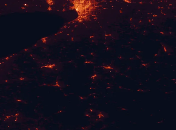 Satellite night-light map of the 100 km around Allegany State Park, with Buffalo, Cheektowaga and Jamestown marked