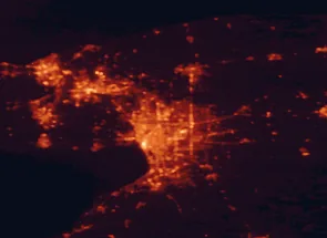Satellite night-light map of the 50 km around Amherst, with Buffalo, Cheektowaga and Niagara Falls marked