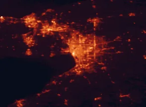 Satellite night-light map of the 50 km around Buffalo, with Amherst, Cheektowaga and Niagara Falls marked