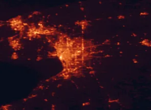 Satellite night-light map of the 50 km around Cheektowaga, with Buffalo, Amherst and West Seneca marked