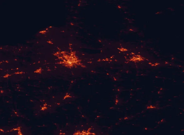 Satellite night-light map of the 100 km around Chittenango Falls State Park, with Syracuse, Clay and Utica marked