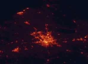Satellite night-light map of the 50 km around Clay, with Syracuse, Cicero and Auburn marked