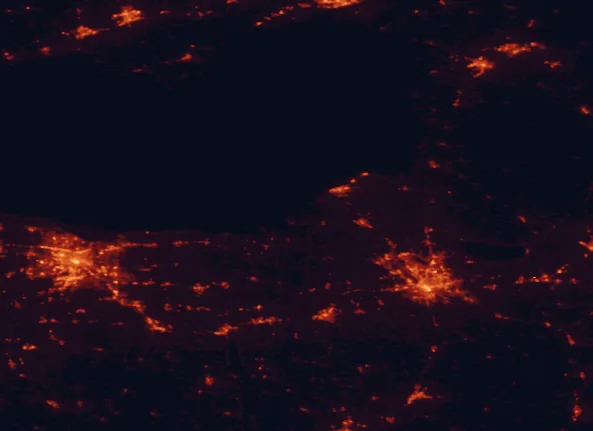 Satellite night-light map of the 100 km around Fair Haven Beach State Park, with Rochester, Syracuse and Clay marked