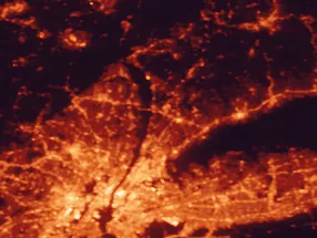 Satellite night-light map of the 50 km around Greenburgh, with New York City, Brooklyn and Queens marked