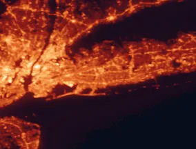 Satellite night-light map of the 50 km around Hempstead, with New York City, Queens and Brooklyn marked