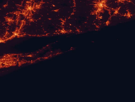 Satellite night-light map of the 100 km around Hither Hills State Park, with Providence, New Haven and Hartford marked