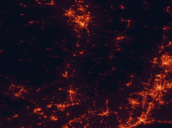 Satellite night-light map of the 100 km around Lake Taghkanic State Park, with Springfield, Albany and West Albany marked