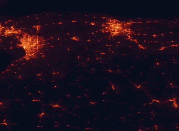 Satellite night-light map of the 100 km around Letchworth State Park, with Buffalo, Rochester and Amherst marked