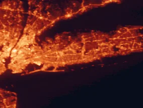 Satellite night-light map of the 50 km around Levittown, with New York City, Queens and Brooklyn marked