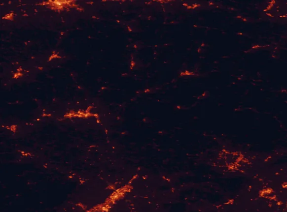 Satellite night-light map of the 100 km around Oquaga Creek State Park, with Binghamton, Scranton and Vestal marked