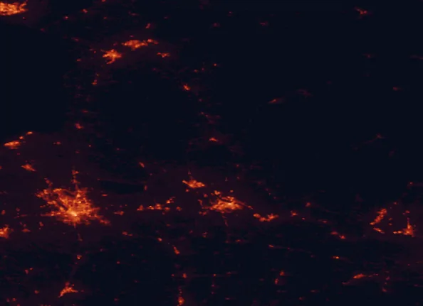 Satellite night-light map of the 100 km around Pixley Falls State Park, with Syracuse, Utica and Kingston marked