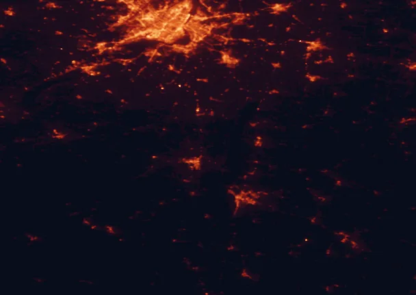 Satellite night-light map of the 100 km around Point Au Roche State Park, with Montréal, Laval and Longueuil marked