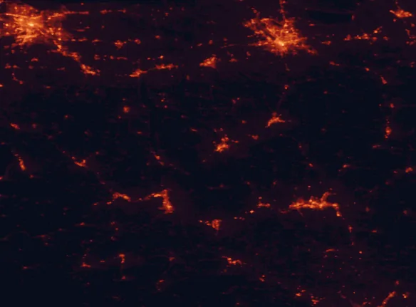 Satellite night-light map of the 100 km around Robert H. Treman State Park, with Rochester, Syracuse and Binghamton marked