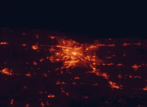 Satellite night-light map of the 50 km around Rochester, with Irondequoit, Brighton and Henrietta marked