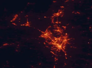 Satellite night-light map of the 50 km around Schenectady, with West Albany, Albany and Troy marked
