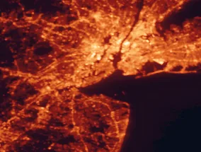 Satellite night-light map of the 50 km around Staten Island, with New York City, Brooklyn and Queens marked