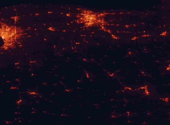 Satellite night-light map of the 100 km around Stony Brook State Park, with Rochester, Amherst and Cheektowaga marked
