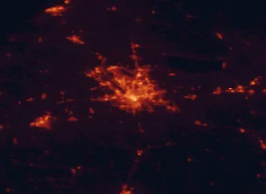 Satellite night-light map of the 50 km around Syracuse, with Clay, Cicero and Fairmount marked