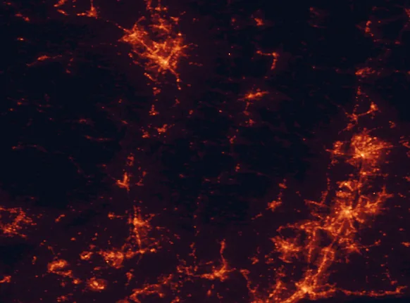 Satellite night-light map of the 100 km around Taconic State Park, with Springfield, Albany and Hartford marked