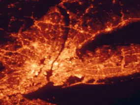 Satellite night-light map of the 50 km around The Bronx, with New York City, Brooklyn and Queens marked