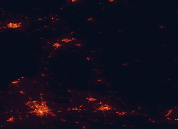 Satellite night-light map of the 100 km around Whetstone Gulf State Park, with Syracuse, Kingston and Utica marked