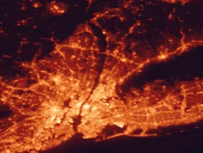 Satellite night-light map of the 50 km around Yonkers, with New York City, The Bronx and Brooklyn marked